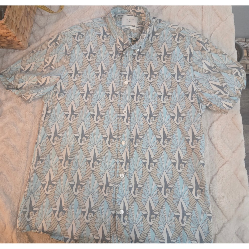 Billy Reid Mens Slim Fit Short Sleeve Button Down Shirt Blue Geometric Art Dec M